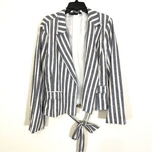 New York & Company Blazer Nautical Tie Waist Blue Striped Linen Blend Open Sz XL